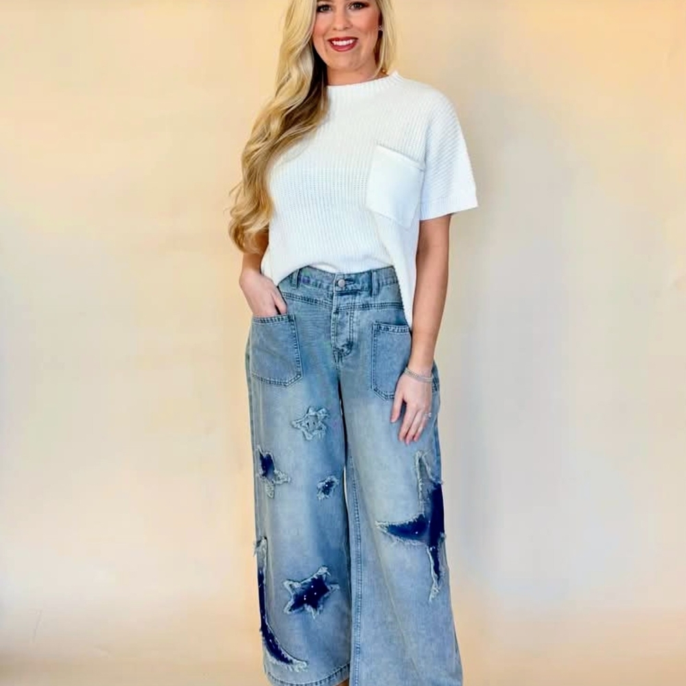 Stylish High Rise Star Jeans in Light Blue
